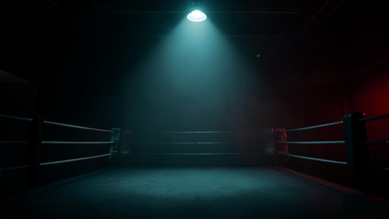 Empty boxing ring under a single arena spotlight before the fight